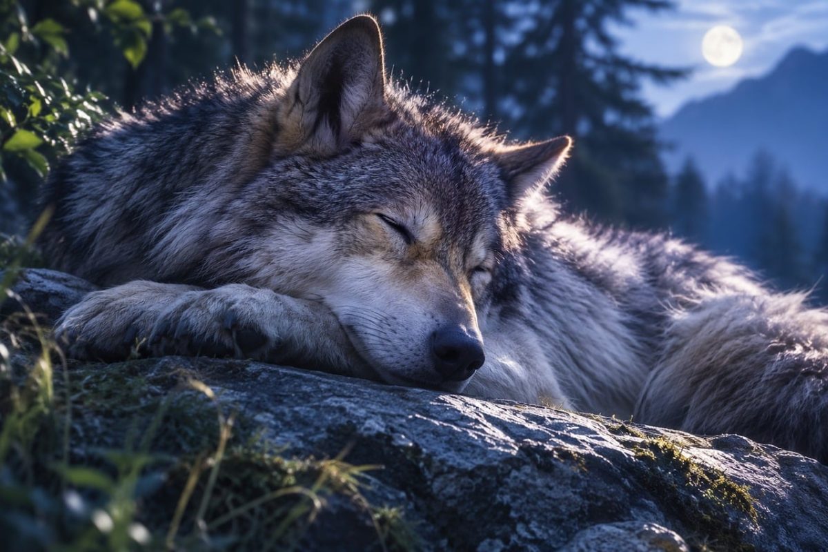wolf, nature, mountain, sleep, night, moon, forest, stars, wild, animal, mammal, calm, evening, wilderness, peace, den, relaxation, solitary, harmony, silence