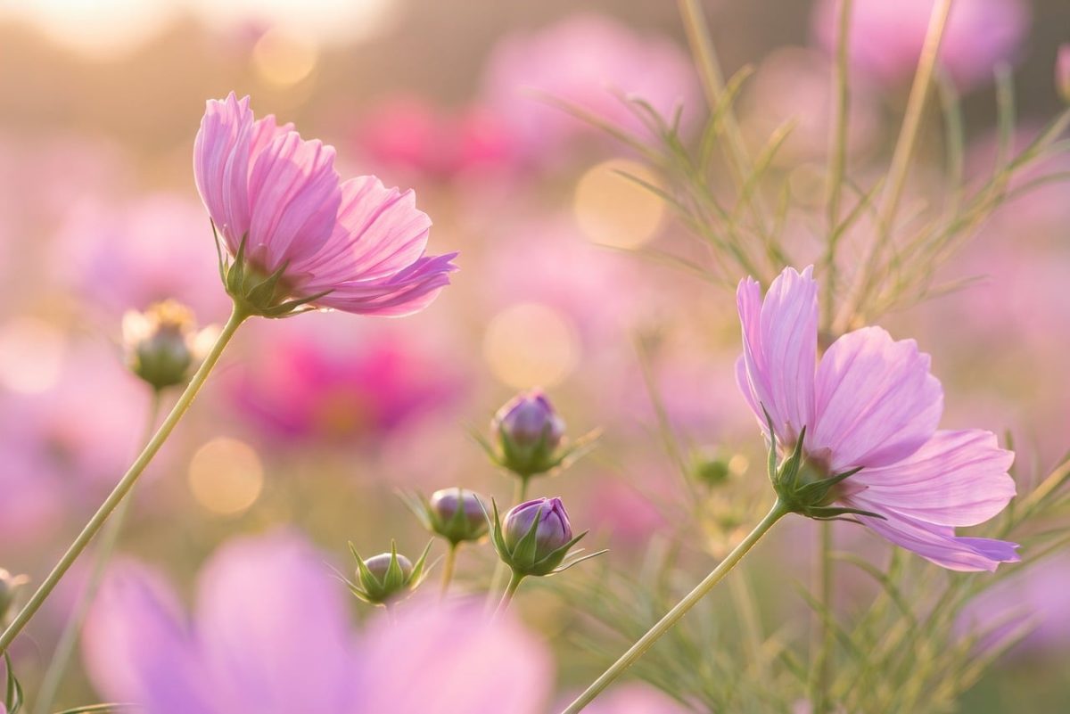 nature, cosmos, pink, purple, flower wallpaper, blooming, garden, summer, beautiful flowers, sunlight, sunset, soft, pretty, flower background, peaceful, growth, delicate, bokeh, spring, flower, field, tender, aesthetic