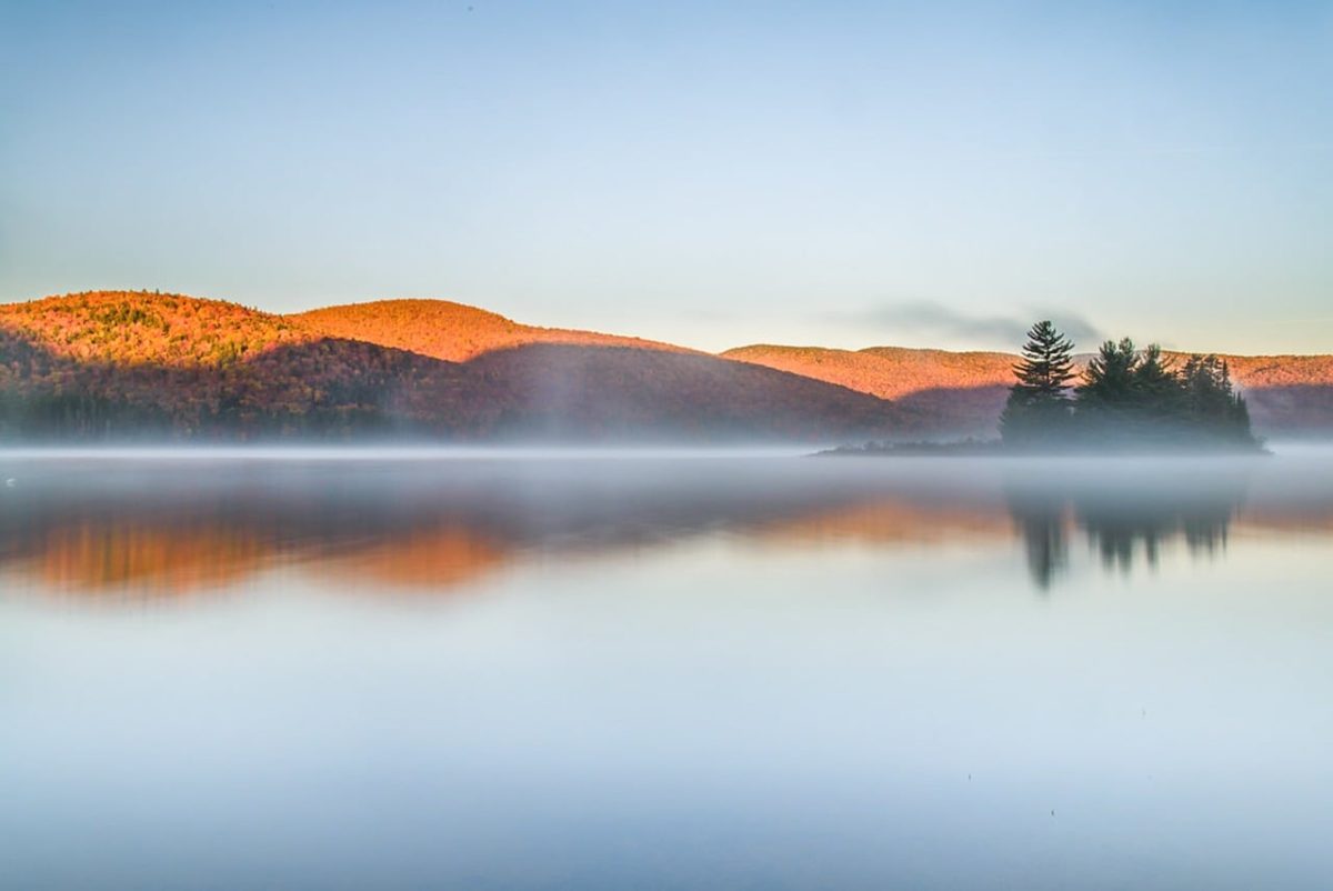 autumn, sunrise, fog, reflection, calm, canada, forest, trees, autumn landscape, frost, outdoors, onsk, water reflection, national park, nature, serene, canadian landscape, sacred, canadian sunrise, tranquil, alpenglow