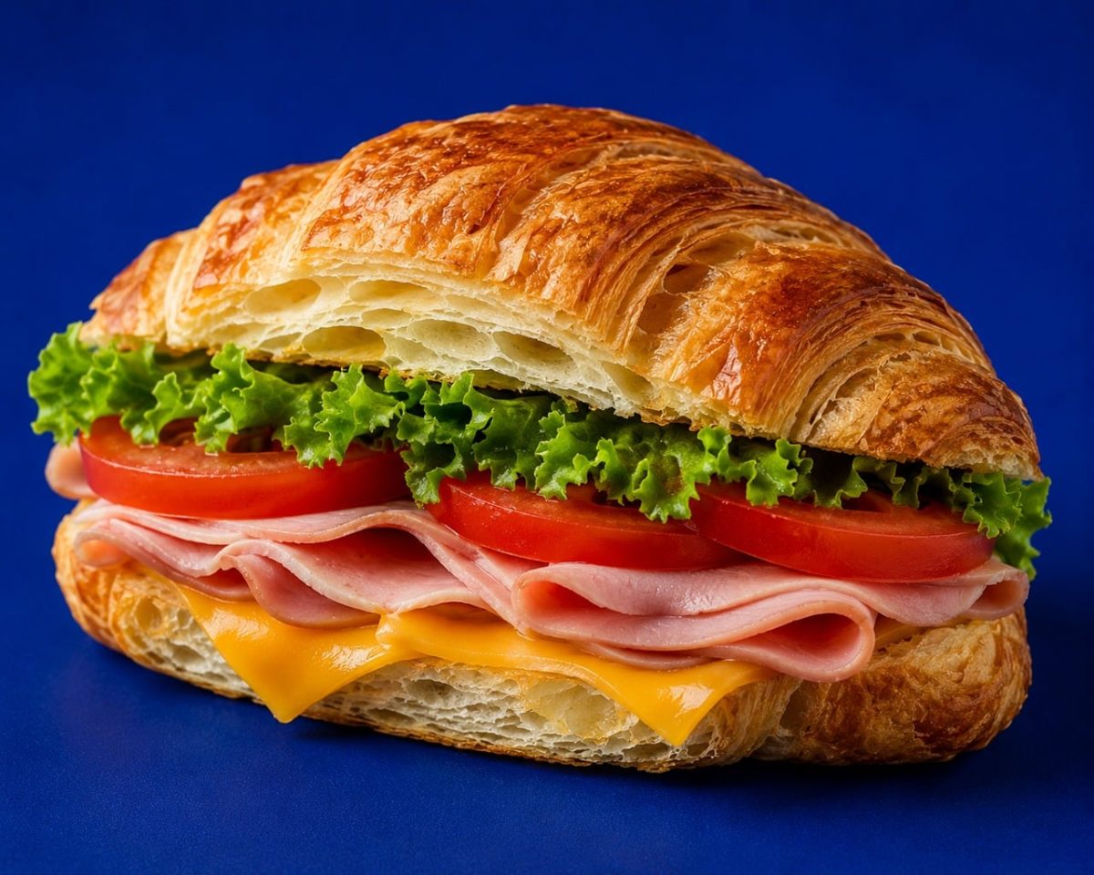 croissant, sandwich, ham, cheese, lettuce, tomato, bakery, breakfast, lunch, food, flaky, buttery, fresh, gourmet, tasty, savory, meal, snack, delicious, bread