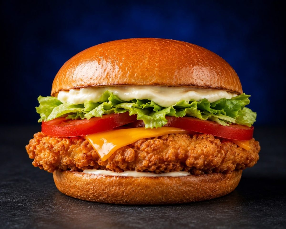 burger, chicken, crispy, sandwich, cheese, lettuce, tomato, sesame, bun, lunch, fast food, meal, dinner, tasty, savory, bread, gourmet, mayonnaise, protein, delicious, fresh