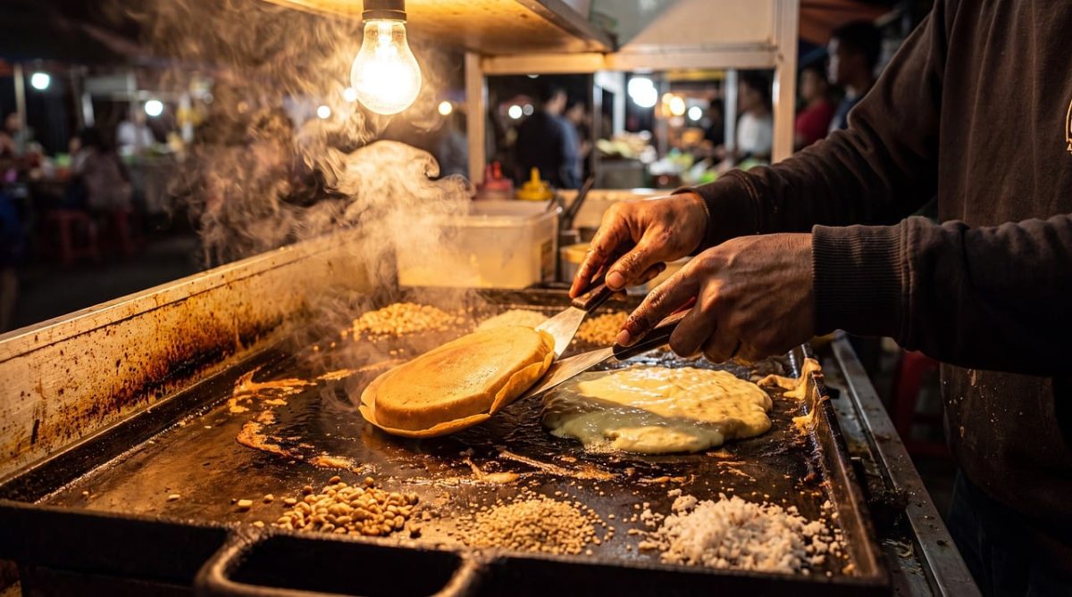 street food, night market, cooking, grilling, thai food, person, hands, plate, light, flat top, in the background, griddle, restaurant, fried eggs, grill kitchen, smoke, outdoor cooking, thai vendor, light bulb, demonstration, busy market