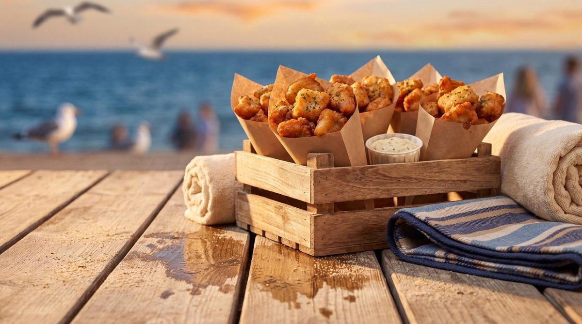 coast, beach, food, picnic, fried chicken, butter, wooden table, towel, sea, paper cone, dips, seagulls, patio, nature, relaxation, sunset, summer, vacation, seafood, comfort, lunch box, horizon