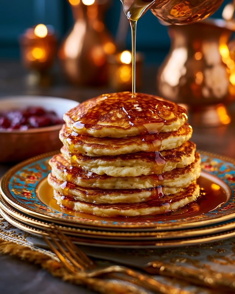 pancakes, maple syrup, breakfast, dessert, warm colors, cozy dining, plate, candles, berries, culinary, food styling, sweet, delicious, gourmet, home cooking, stack of pancakes, festive atmosphere, luxurious tableware, evening lighting