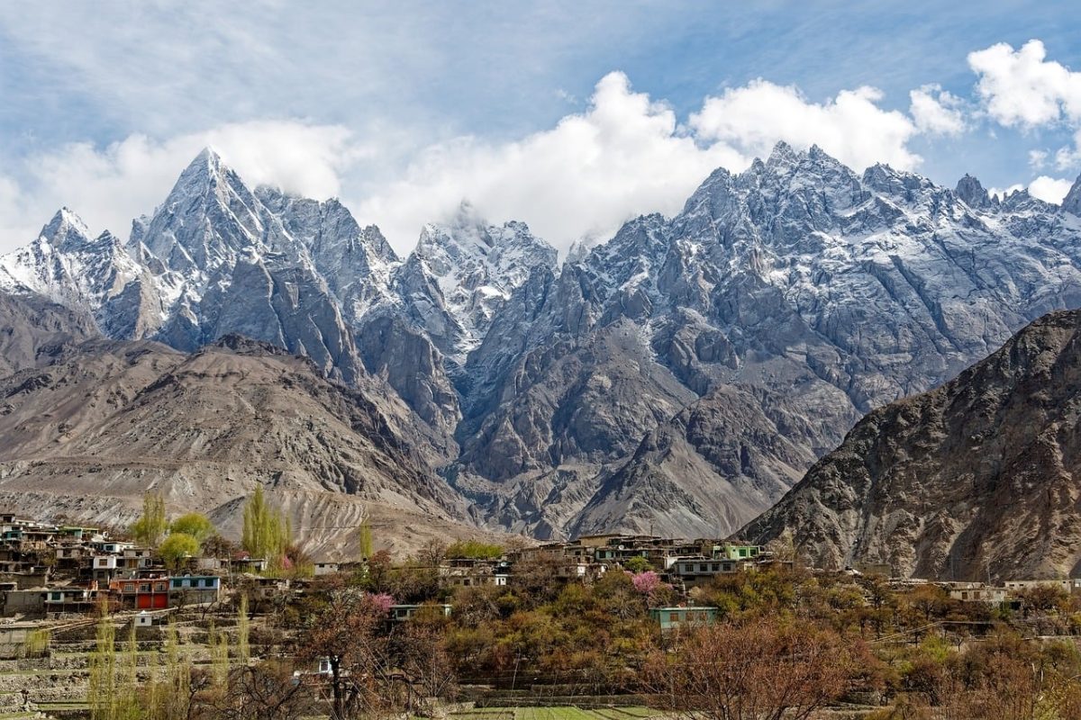 mountain, snow, pakistan, gilgit-baltistan, landscape, nature, karakorum, village, mountains, clouds, sky, rock formations, purple flowers, spring, blossom, arches, peaceful, hiking, tenderness, calm