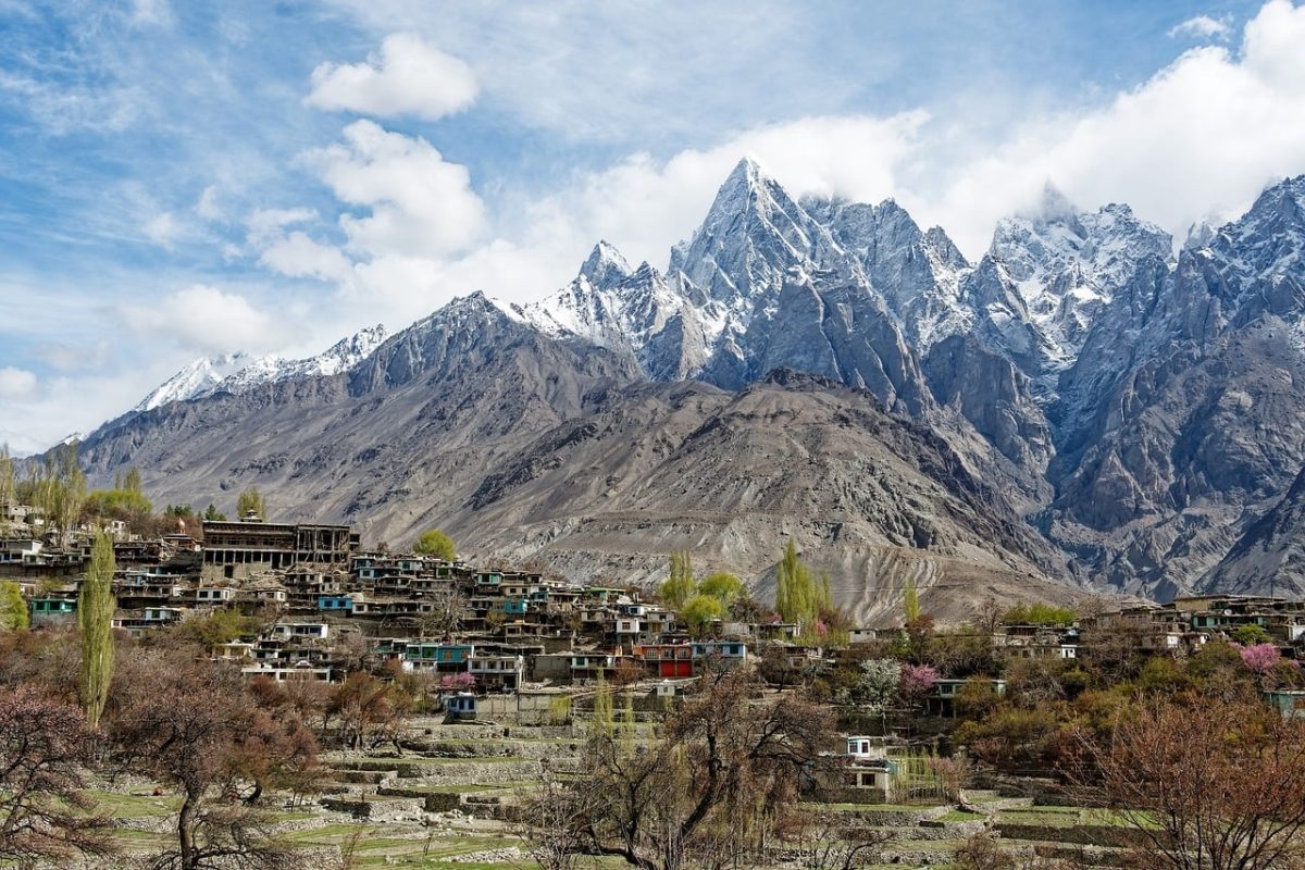 pakistan, gilgit-baltistan, mountains, karakoram, snow, village, nature, landscape, sky, clouds, cloudscape, rocks, clean air, tranquility, distance, pastures, remote, province, natural beauty