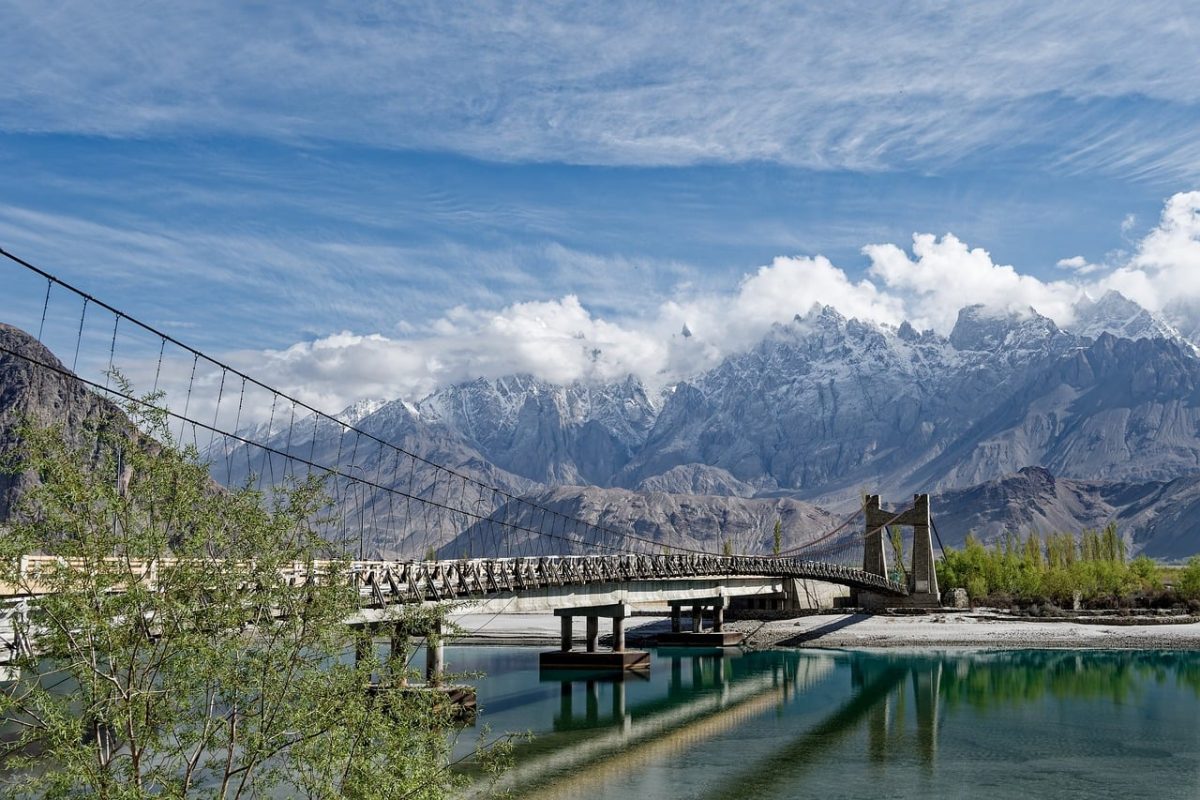 suspension bridge, river, mountains, karakoram, snowy peaks, sky, clouds, khaplu, gilgit-baltistan, natural landscape, bridge, trees, reflection, elements, nature, shyok, bridge construction, tourism, autumn, blue sky