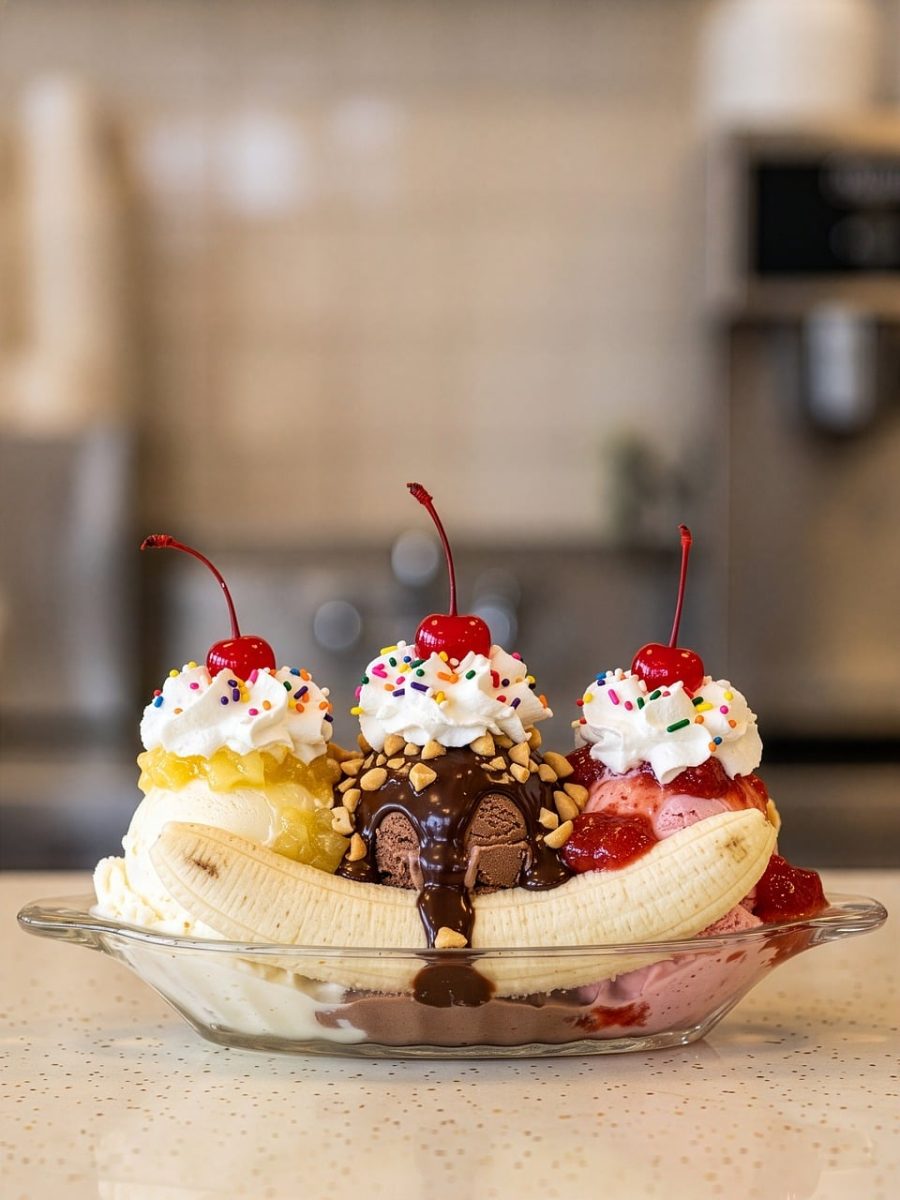 banana split, dessert, ice cream, fruit, whipped cream, cherry, topping, chocolate, nuts, strawberry, pineapple, sundae, sweet, dessert bowl, tasty, refreshing, jelly, creamy, ice cream sundae