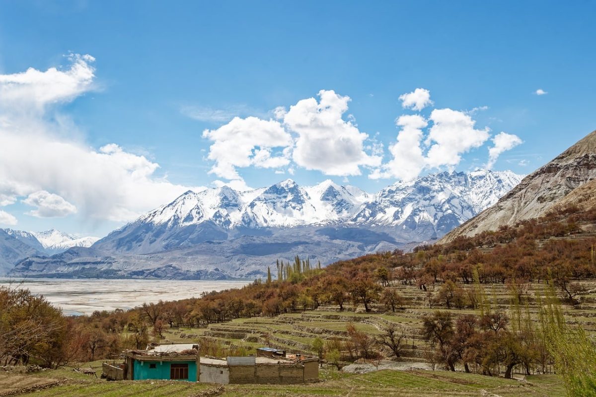 mountains, river, sky, pakistan, nature, shyok, karakorum, snow, village, panorama, cloud, cliff, trees, village house, terraced farming, valley, travel, serene, ecotourism, autumn