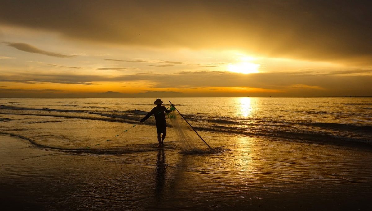 sunrise, morning, beach, sea, fishing, worker, landscape, travel, calm, vietnam, sunrise on beach, silhouette, water, golden, net, reflection, nature, beauty, light, tranquility, person