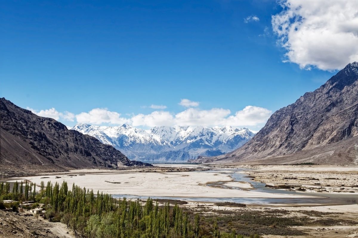 mountain, river, valley, snow, cloud, spring, landscape, blue sky, trees, nature, mountain range, karakoram range, gilgit-baltistan, pakistan, dry riverbed, panorama, scenic, tourism, outdoor