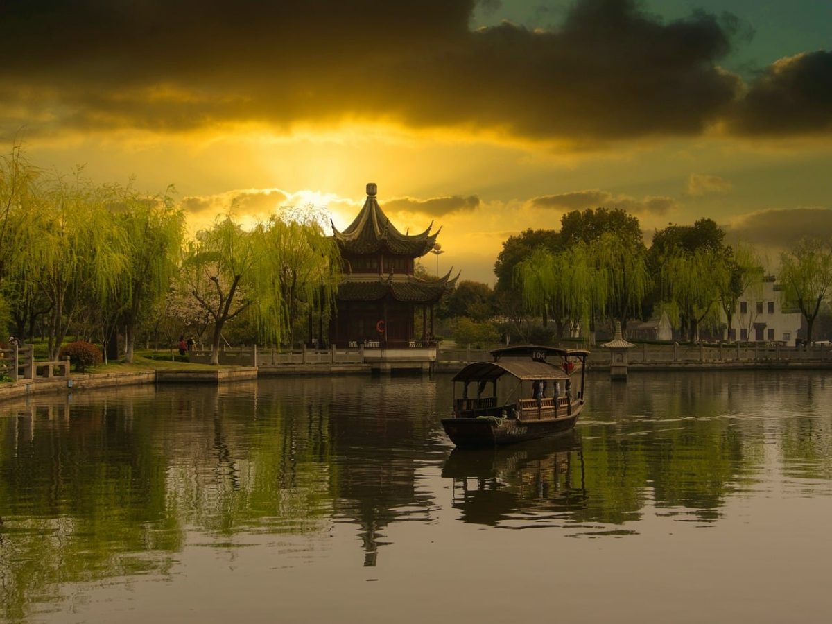 chinese, pavilion, boat, morning, lake, sunset, water, reflection, travel, tourist, nature, trees, serenity, tourism, culture, east asia, park, architecture, travel development, traditional