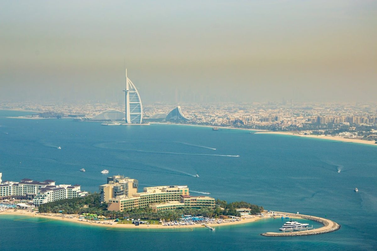 panorama, dubai, skyscraper, coastline, clouds, sea, city, building, luxury, bay area, luxury hotel, view, tourism, travel, aerial view, sunshine, middle east, blue sea, nature, sunny beach, highway