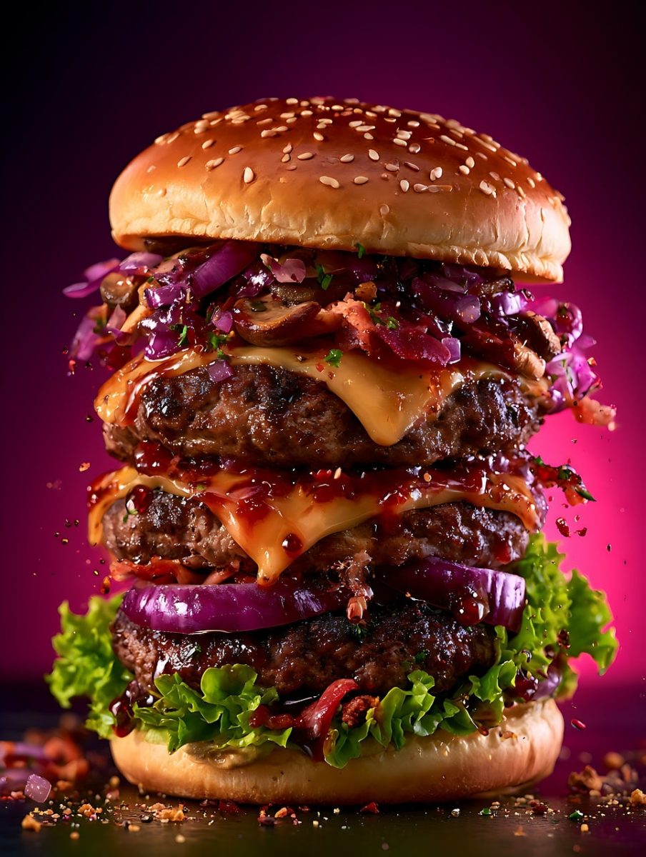 hamburger, cheese, bacon, sesame bun, lettuce, red cabbage, onion, triple stacked, sauce, food, gourmet, meat, greasy, snack, flavor balance, juicy, american cuisine, spicy, delicious