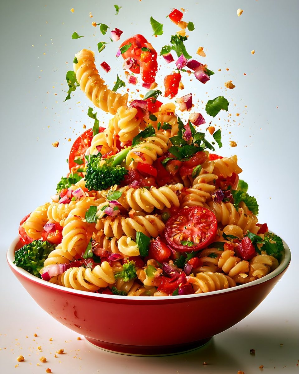 pasta, salad, vegetables, fusilli, tomatoes, broccoli, herbs, fresh, colorful, bowl, food, meal, cherry tomatoes, healthy, cuisine, cooking, grains, healthy lifestyle, food preparation