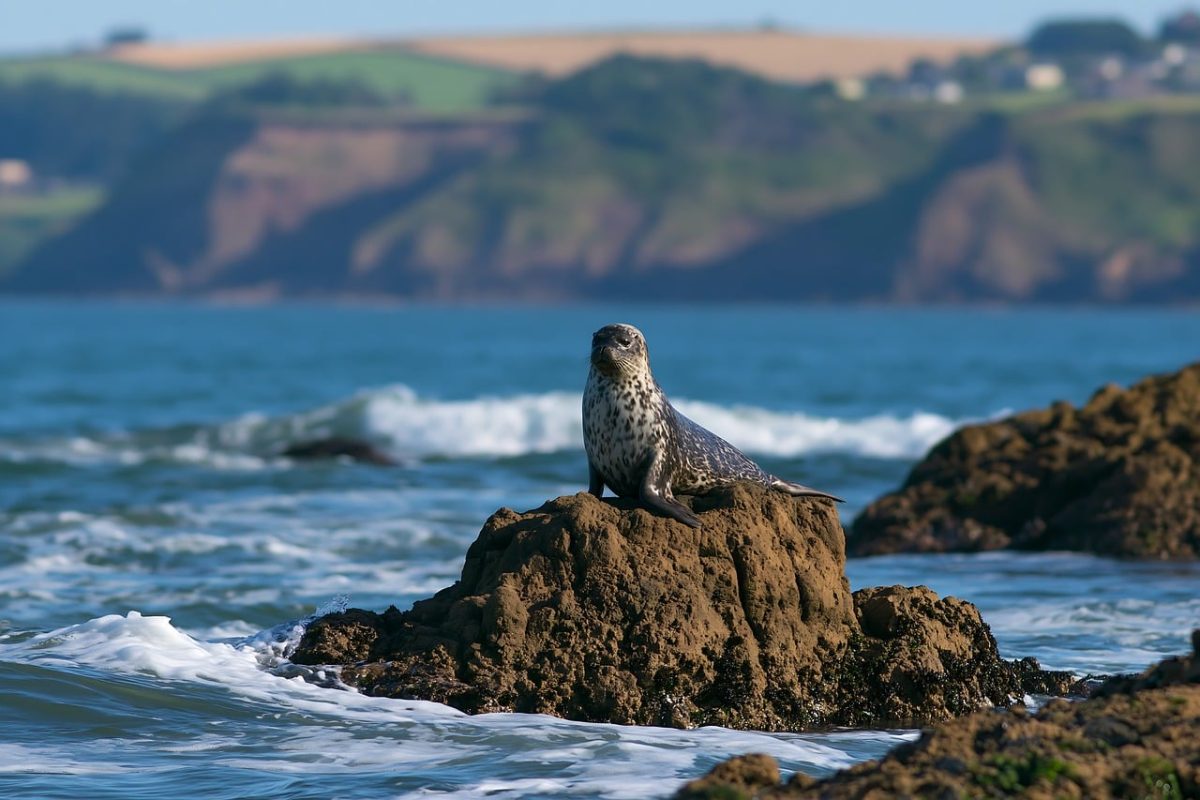 seal, rocky outcrop, ocean, water, waves, coastline, nature, wildlife, mammal, shore, beach, landscape, cliffs, tide, sunny, summer, wild, ecosystem, surf