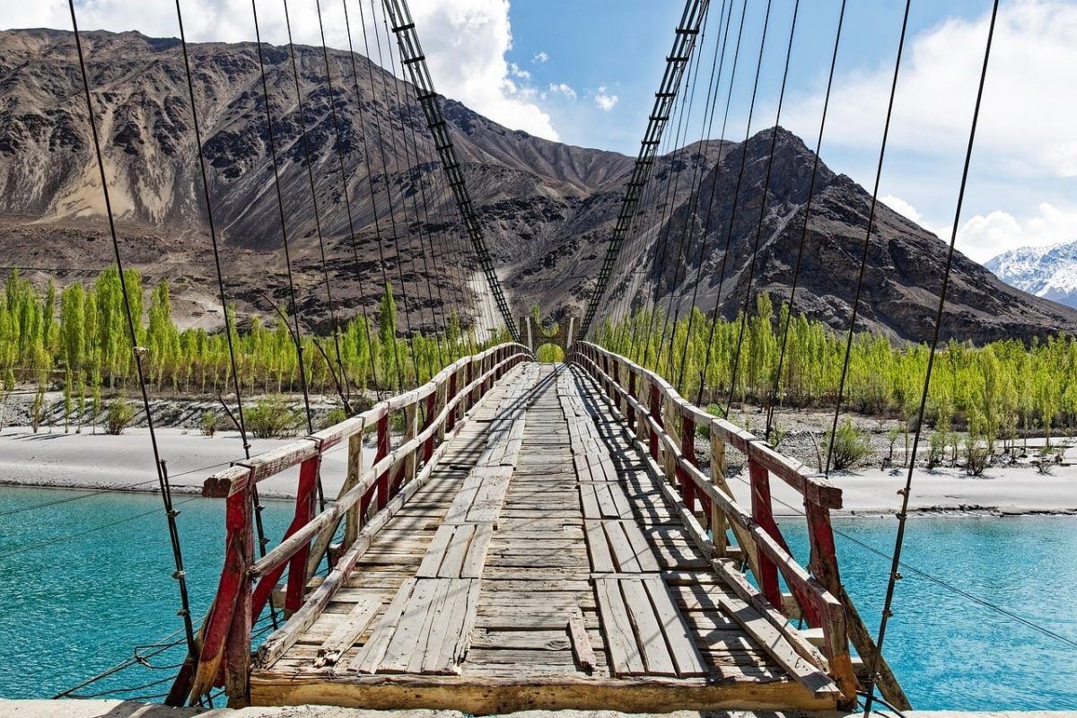 bridge, river, water, mountains, snow, nature, sky, clouds, trees, indus, gilgit-baltistan, karakoram, foliage, wooden, tourist, crystal-clear, reflection, beauty, sand