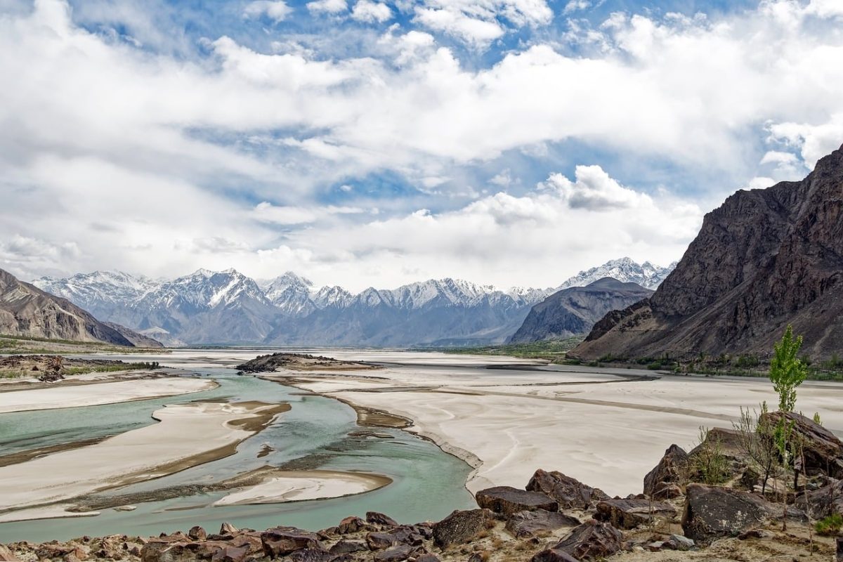 pakistan, gilgit-baltistan, shigar, river, karakoram, mountains, snow, nature, riverbed, clouds, sand, thematic landscape, sky, earth, valley, panorama, hiking, travel, adventure, comfort