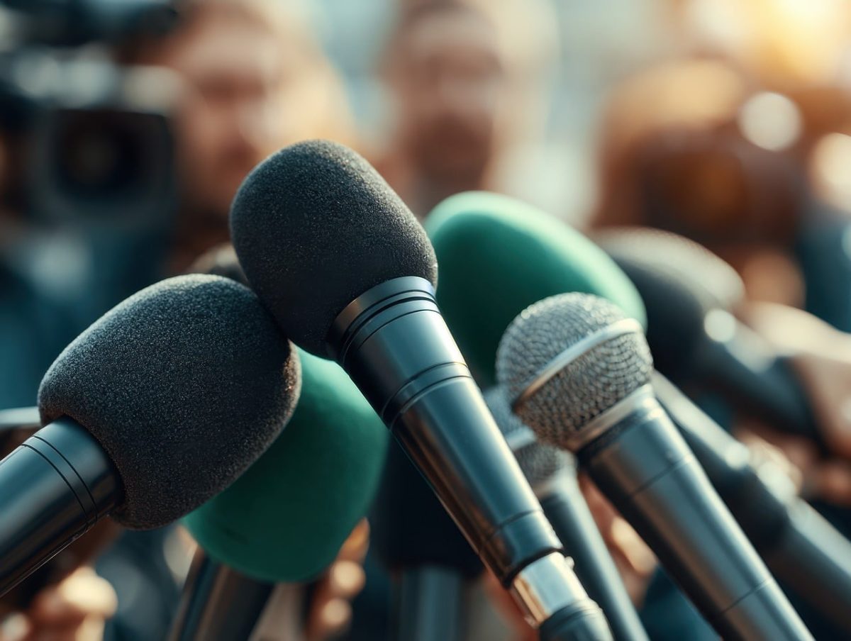 microphone, press conference, reporter, news, journalism, media coverage, communication, public speaking, journalist, announcement, technology, equipment, news reporter, politics, audio system, professional, sound recording, podium, industry