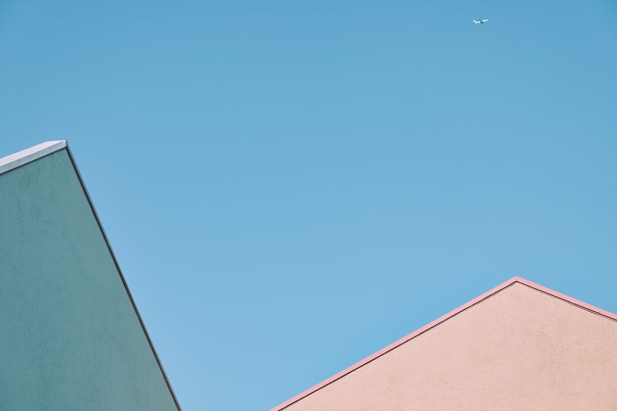 architecture, minimalistic, building corners, airplane in sky, blue sky, abstract, simplicity, modern design, outdoor, urban, creative composition, space, soothing, light and shadow, geometry, clear sky, building outlines, media content, abstract art, sky photography