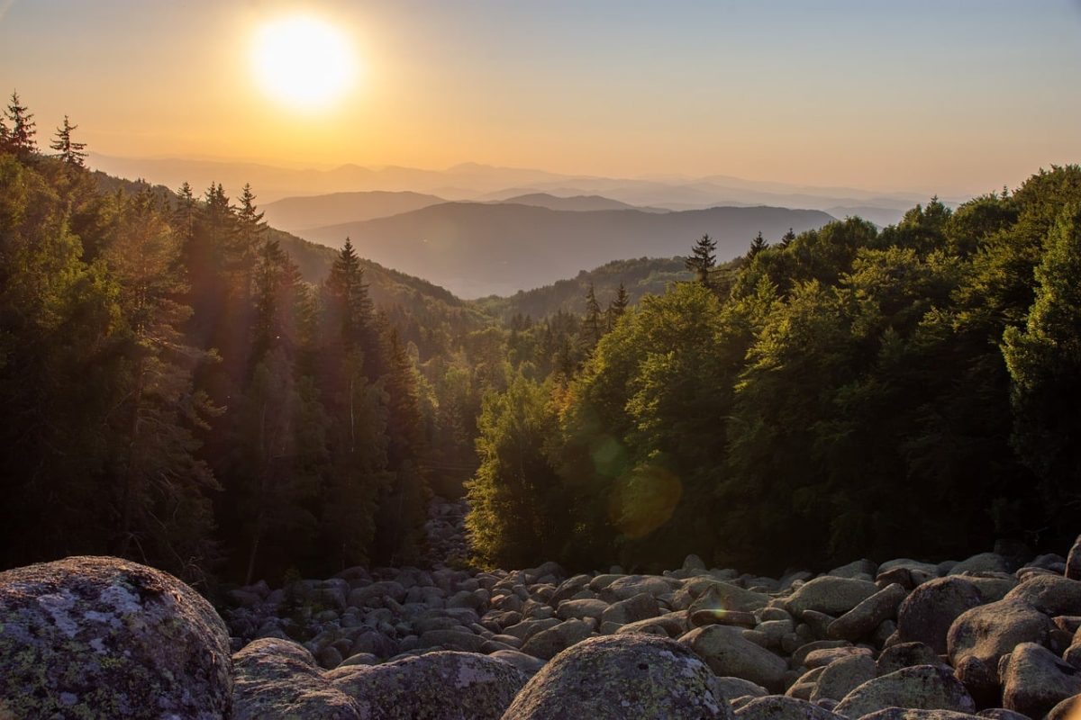 landscape, mountains, sunset, sun, forest, rocks, nature, panorama, hiking, peace, beautiful, afternoon, light, shadows, view, travel, tourist destination, fresh air, leisure, wilderness, calm