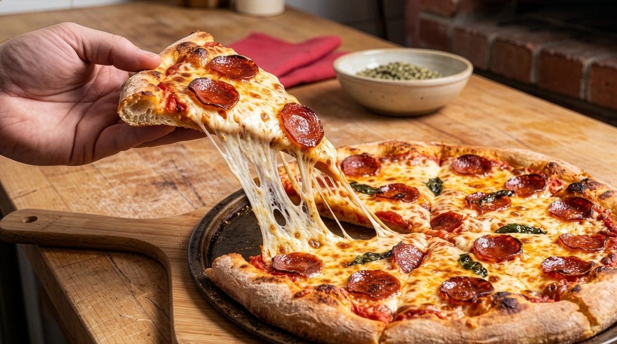 pizza, pepperoni, cheese, pizzeria, food, restaurant, lunch, dinner, slice, fresh, tomato sauce, tasty, crispy, baked, italian, traditional, wooden background, handheld, baking, outdoor meal, herbs, ai generated