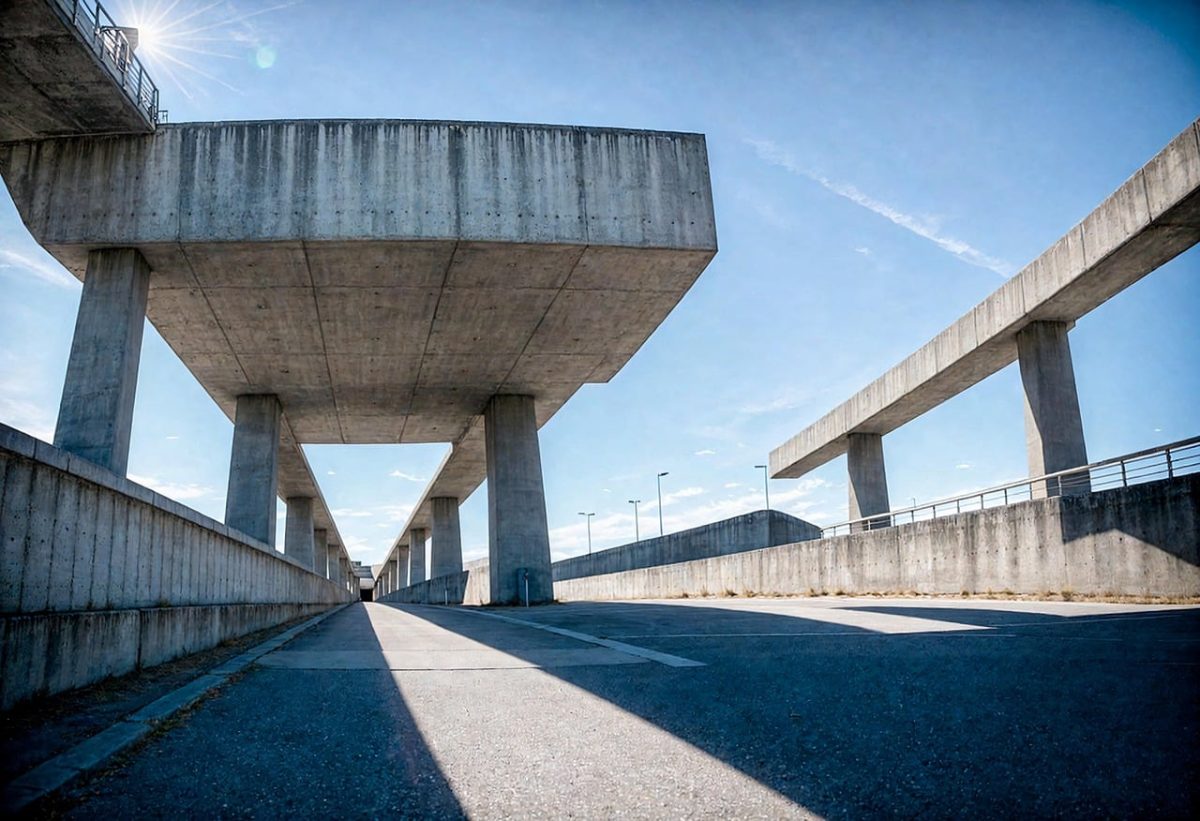 brutalism, concrete, bridge, architecture, perspective, urban, geometric, shadows, modern, minimalist, design, dramatic, structure, bold, strong, infrastructure, pathway, architectural photography, railings, clean design, sky view