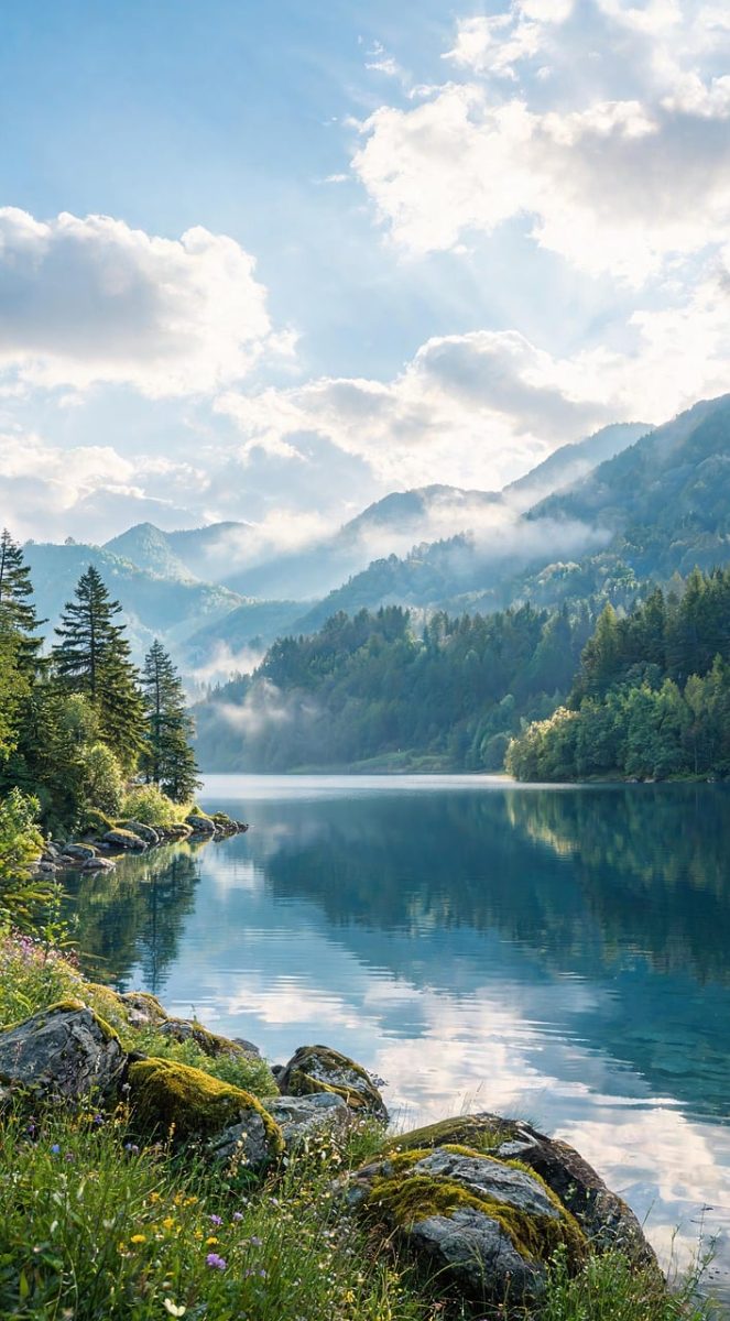lake, mountains, nature, mist, blue sky, reflection, tranquility, sunset, contemplation, winter, trees, calm water, landscape, green, hiking, adventure, tourist attraction, panorama, forest, central europe, hiking trail