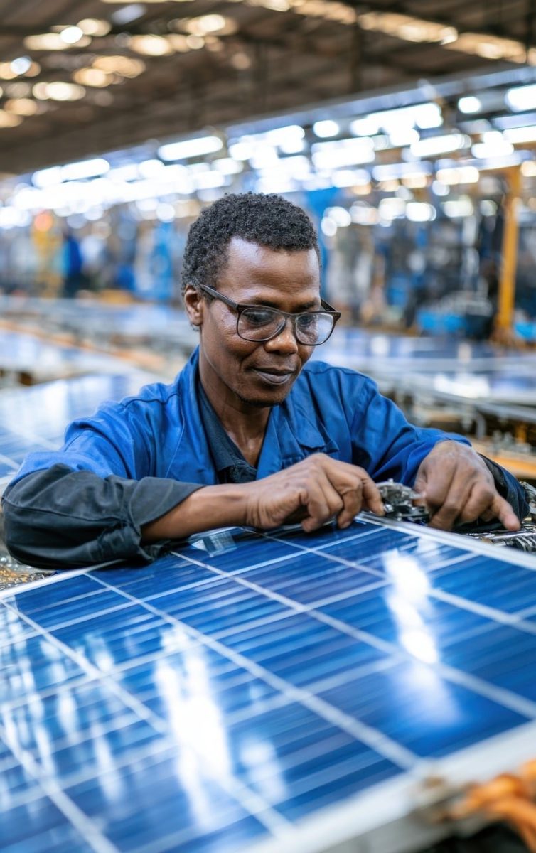 technician, solar panel, factory, industry, energy, renewable, electricity, sustainability, technology, blue, uniform, safety, engineering, production, worker, industrial, assembly, workplace, employee, assembly line