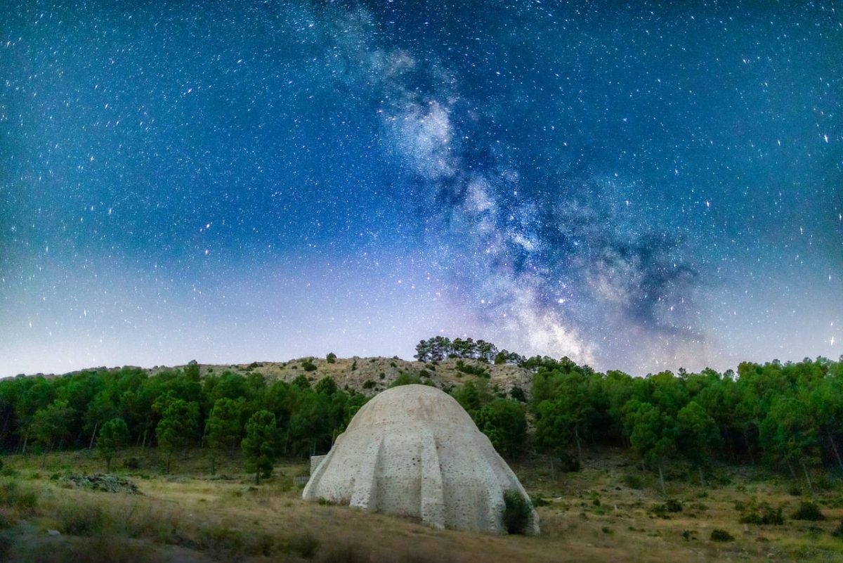 milky way, galaxy, stars, night, starry sky, nature, astronomy, space, cosmos, landscape, forest, mountain, scenery, cypress, dome, sky, starry night painting, nighttime, mountains, stargazing