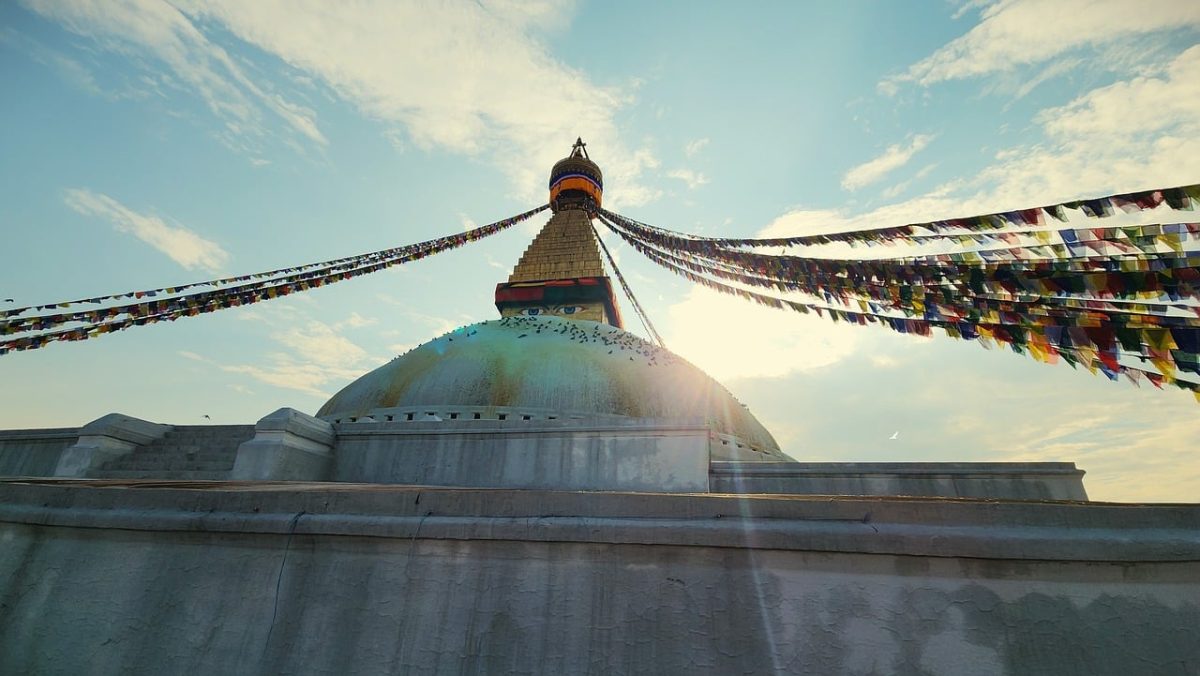 boudhanath, nepal, kathmandu, temple, buddhism, stupa, pagoda, religion, architecture, buddha, spirituality, prayer flags, colorful, blue sky, buddha purnima, sunlight, sun rays, tourism, culture, landmark