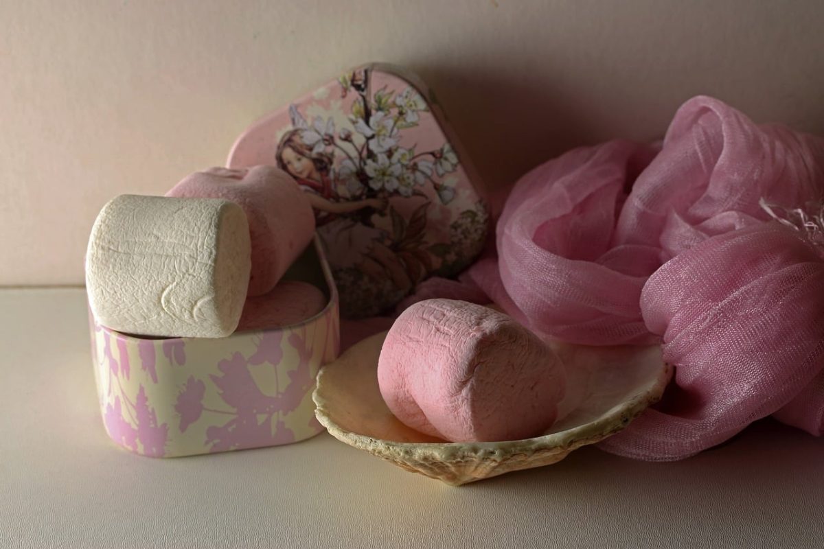 pink, white, marshmallow, decorative tin, empty shell, pink silky scarf, candy, powder pink, soft texture, romantic, shell, gift, silk, dessert, ornate, gentle, artistic, natural, light pink