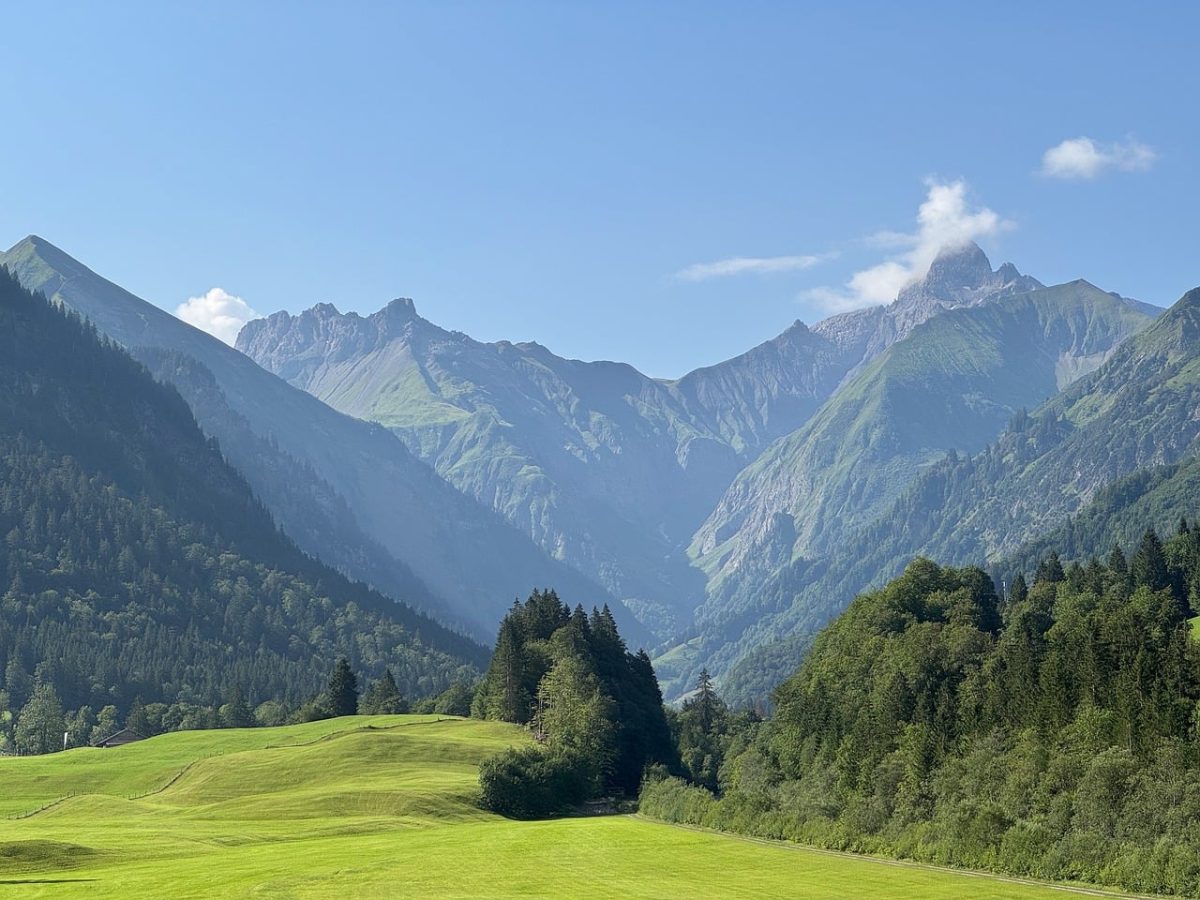 allgäu, mountains, oberstdorf, alps, valleys, dark mountains, clear sky, landscape, green meadows, morning, peaceful, blue sky, quiet place, rural, clouds, panorama, trettachtal, idyll, grass, agriculture