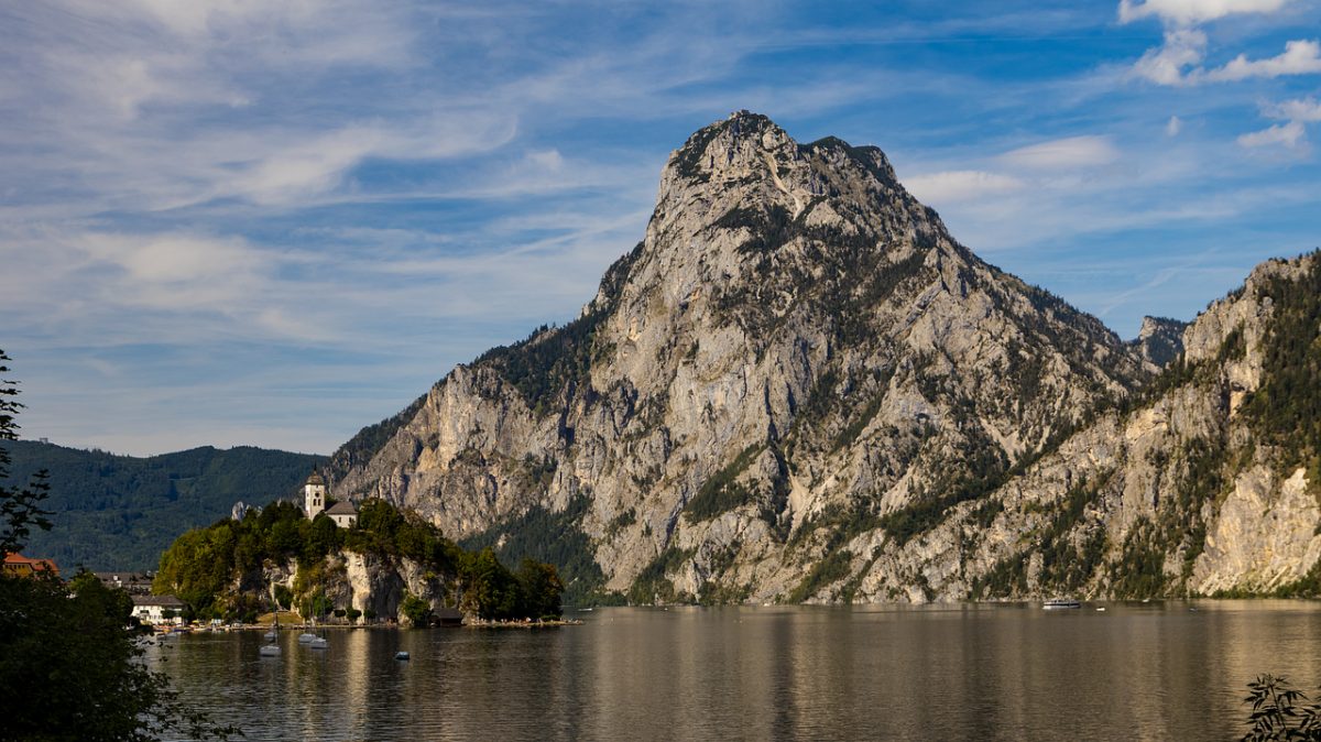 lake, architecture, church, mountains, austria, nature, architectural feature, cathedral, reeds, traunsee lake, peacock cloud, reflection, islet, arm, mountain view, afternoon, tourist destination, blue sky, autumn, sunlight, relaxation