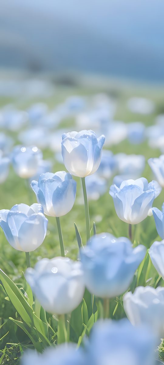 tulip, blooming, field, spring, blue, landscape, nature, garden, outdoor, seasonal, beauty, fresh, bright, soft light, romantic, pure, sharpness, sunlight, blur, pastel, luxurious