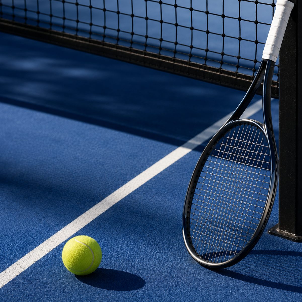 racket, tennis ball, blue court, net, court, sport, tennis, bright yellow, outdoor, tennis equipment, sports equipment, sunny weather, hobby, relaxation, activity, recreation, physical activity, fun, active lifestyle, playing field, surface