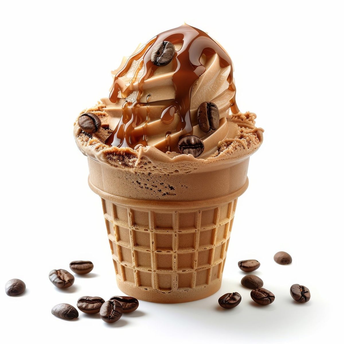 ice cream, caramel, waffle, coffee, coffee beans, spoon, sweet, dessert, drizzled, delicious, carry, aromatic, cold, summer, tasty, tempting, snack, enjoyed, pleasure, creamy, delicacy, nature, savored