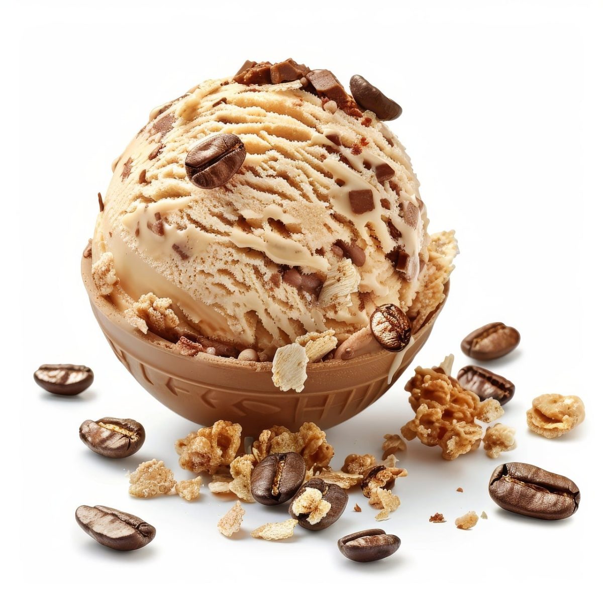 ice cream, coffee, chocolate, coffee ice cream, caramel, nut, vanilla, scoop, dessert, granola, treat, sweetness, dairy ice cream, crunchy dessert, peanuts, milk chocolate, baked goods, cold treat, whisking, aroma, shredded coconut