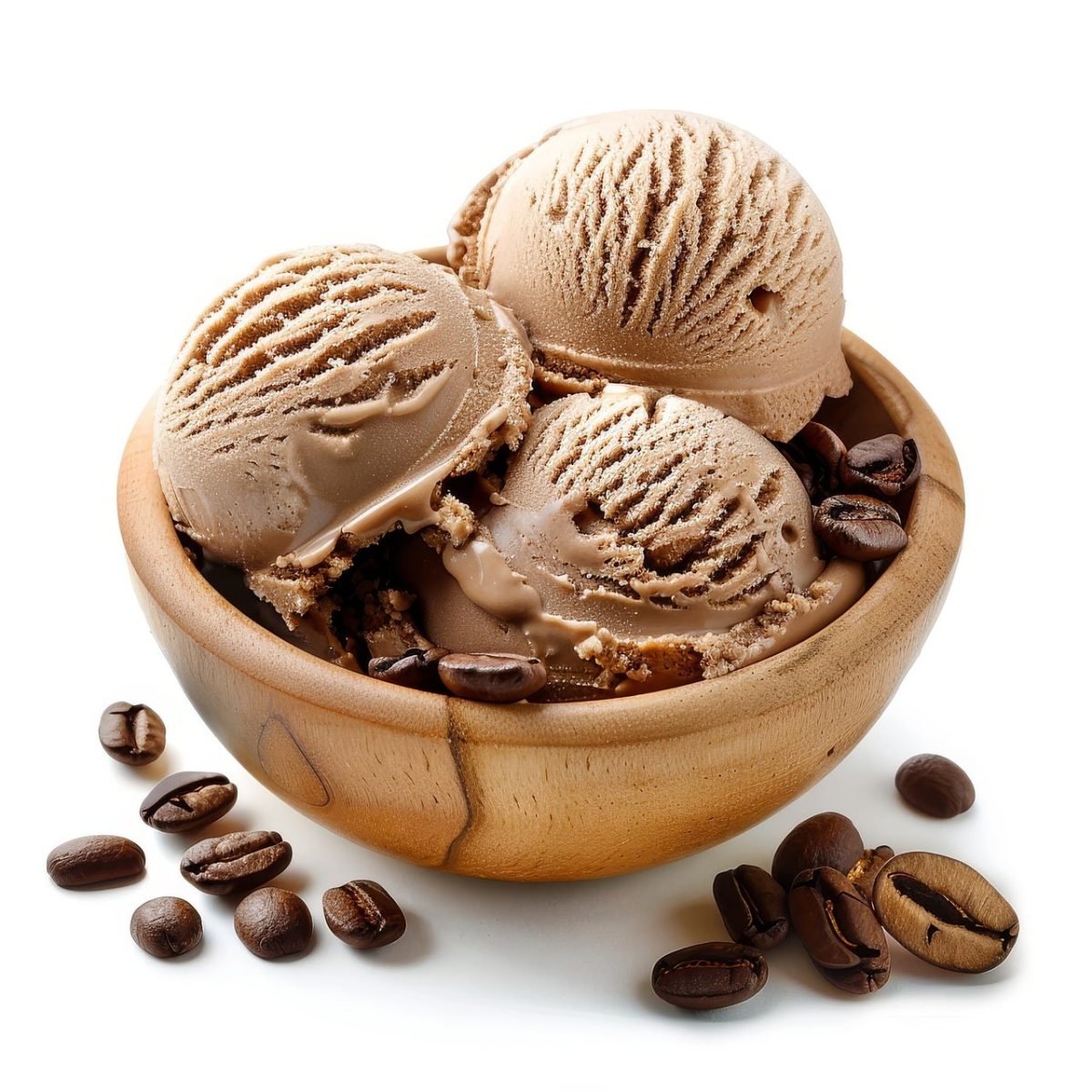 chocolate, ice cream, wooden bowl, coffee, coffee beans, creamy, wood, cold, delicious, flavorful, dessert, coffee ice cream, cream, sweet, waffle cones, treat, dairy product, dairy, texture, tasty
