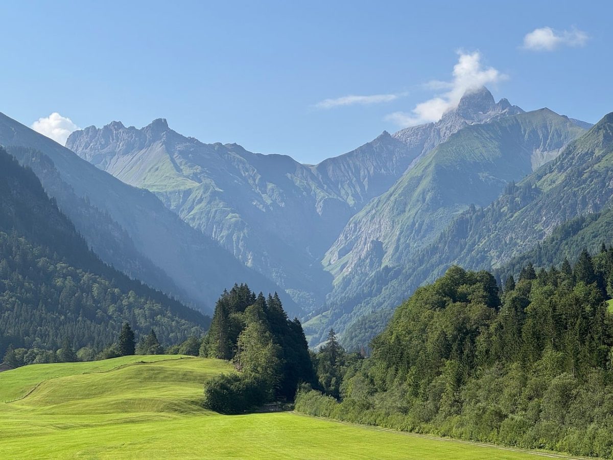 mountains, valley, alps, morning, nature, landscape, forests, trees, grass, calm, hiking, panorama, fresh air, tourism, summer day, vacation, meadow, blue sky, freshness, alpine landscape