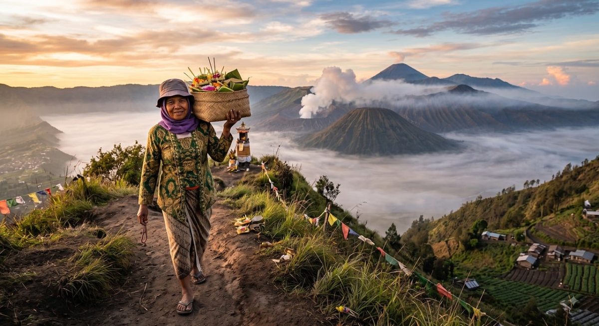 indonesia, java, bromo, batik, culture, tradition, daily life, devotion, offerings, ritual, volcano, active volcano, sunrise, mist, landscape, nature, terraced fields, travel, authentic, terrace