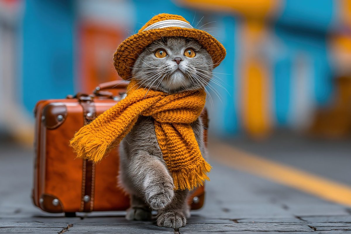 cat, hat, scarf, suitcase, travel, adventure, cute, pet, fashion, travel humor, fun, city, autumn, animal, style, vintage, costume, humor, train, cultural