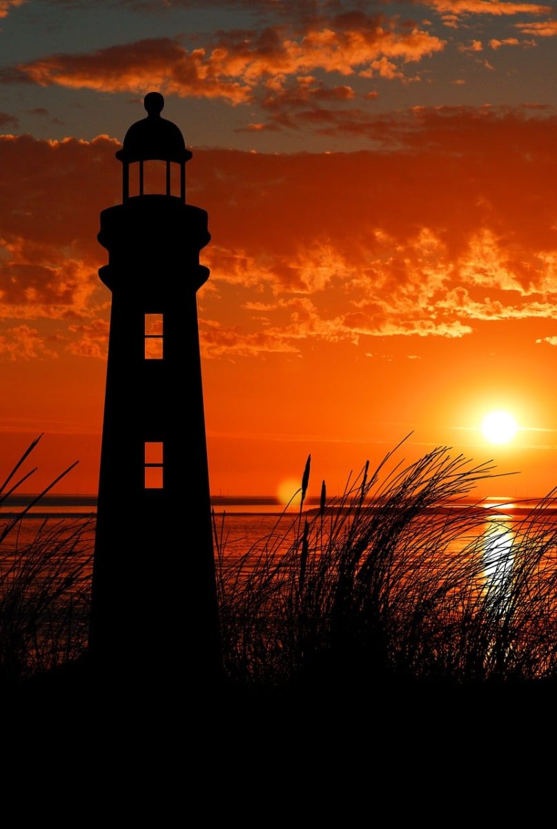 sunset, lighthouse, coast, sea, grass, nature, horizon, silhouette, twilight, sky, evening, peaceful, romantic, vacation, summer, moonlight, north sea coast, sunset sky, glow