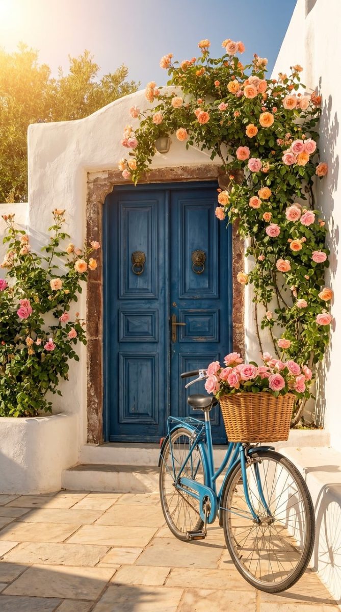 bicycle, roses, beautiful flowers, blue door, white walls, mediterranean, greece, summer, sunlight, charming, picturesque, flowers, basket, pink, architecture, traditional, flower background, flower wallpaper, idyllic, outdoor, nature, travel, terrace, vintage