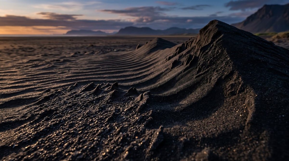 black sand, beach, sunset, volcanic, dunes, wavy pattern, golden light, landscape, travel, iceland, ocean, sand texture, sparkling, nature, summer evening, calm, scenery, natural beauty, sandy surface, tide