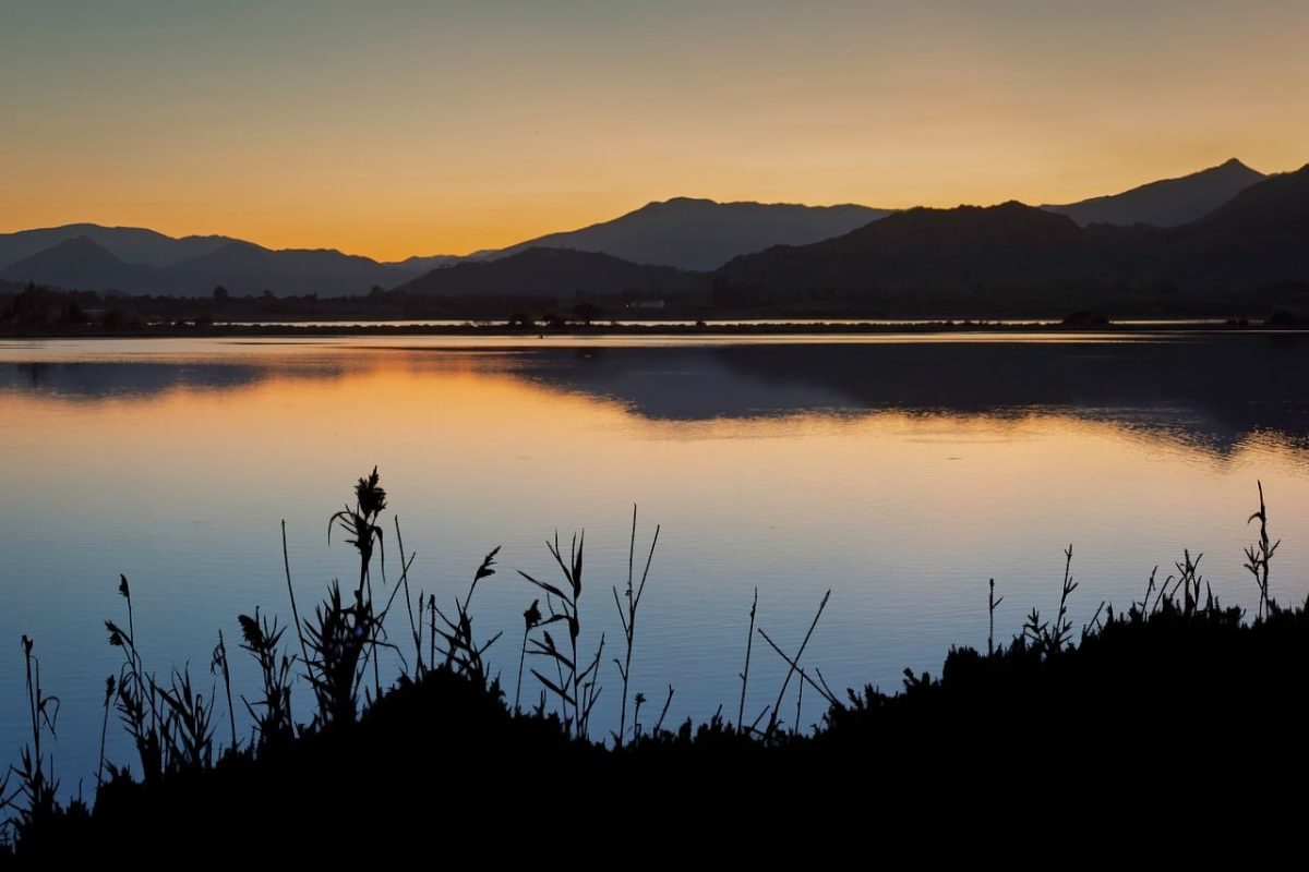 sunset, lake, nature, reflection, mountains, water reflection, shadows, calm, twilight, wooded area, evening landscape, clear water, peaceful atmosphere, strong silhouette, panorama, dark outline, landscape painting, evening sky, breathtaking view