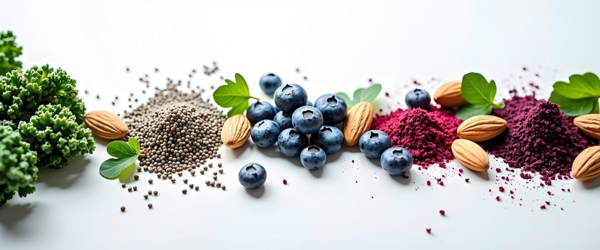superfood, blueberries, almonds, chia seeds, healthy eating, kale, green tea, red powder, colorful food, vegetarian diet, raw food, nutrition, organic food, healthy diet, plant based food, diet food, food, cuisine, antioxidants