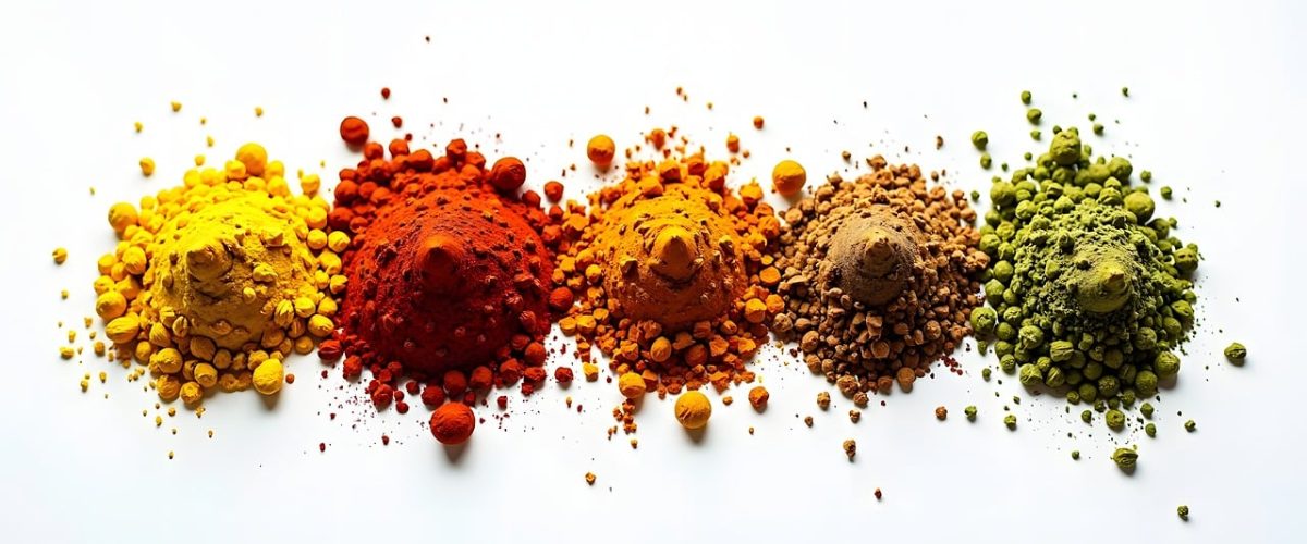 spice, turmeric, chilli, paprika, curry, pile, colorful, powder, white surface, spice mix, yellow, orange, red, brown, green, exotic, food photography, grinding, cultural, traditional