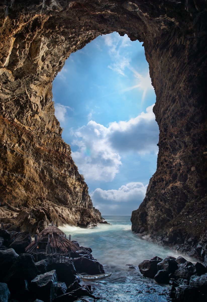 cave, sea, geology, adventure, water, fantasy, exploration, rocks, mysterious, hut, shore, sky, light, landscape, rock formation, current, nature, dwelling, shack, cliff