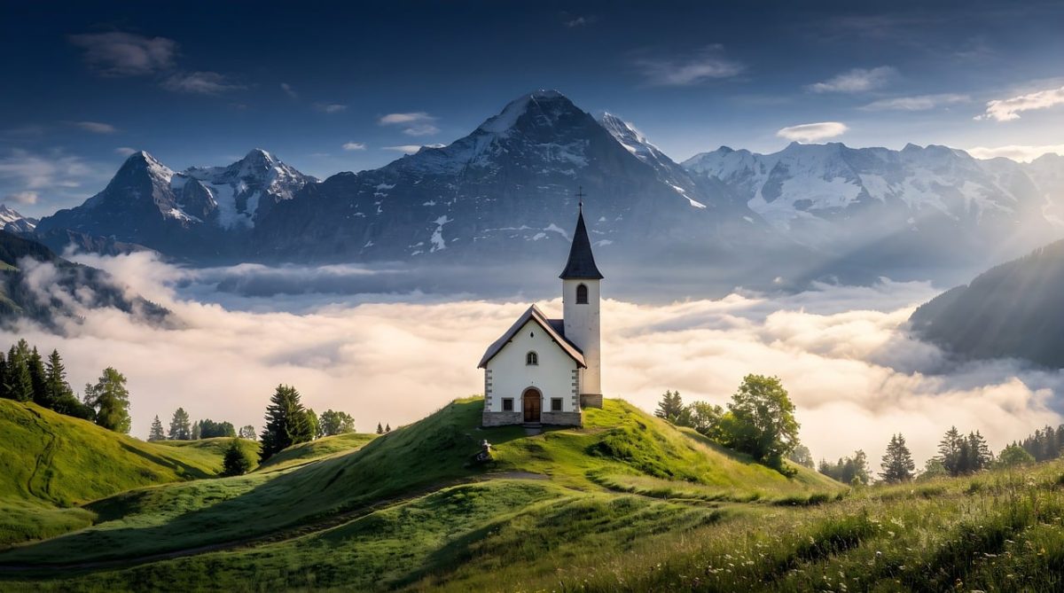 church, mountains, fog, dawn, meadow, mountain meadow, natural beauty, pastoral, green landscape, silk fog, weekend getaway, alpine mountains, countryside, panorama, hiking, landscape, tranquility, enveloping feel, peaceful location, idyll, nature, ai generated